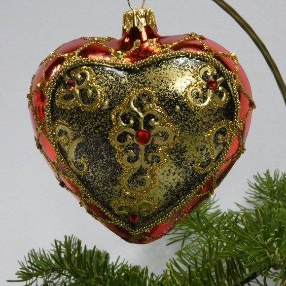 POLISH GALLERY ROYAL RED HEART Christmas Ornament Mouth Blown Glass 4 inch - Picture 1 of 6